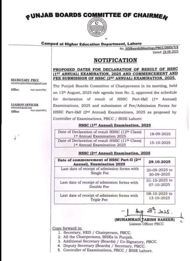 Punjab Board Announces HSSC Intermediate 11th And 12th Class Result Date And Time